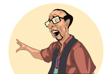 Digital cartoon illustration of a surprised man in glasses gesturing energetically against a circular background. The artwork emphasizes emotion and expression through its stylized and dynamic depicti