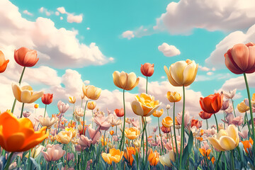 Obraz premium a field of flowers with a sky background
