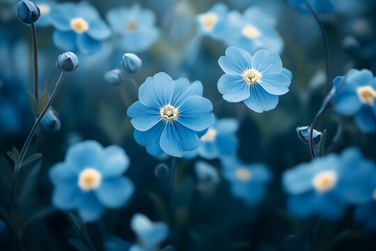 a field of blue flowers with a yellow center
