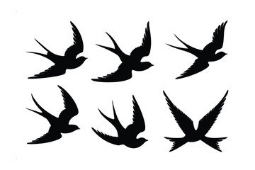Swallow Flight Silhouette: A striking flock of swallow silhouette in various graceful positions against a bright scene. Evokes a sense of freedom and elegance.