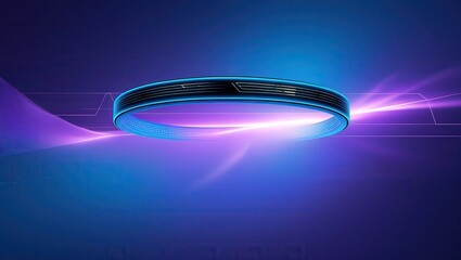 Floating ring with blue neon outline and black interior against a purple and blue gradient background