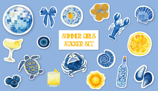 GIRLY SUMMER STICKERS - AESTHETIC BLUE AND YELLOW STICKERS OF SUMMER ELEMENTS - MAMMA MIA SPIRIT