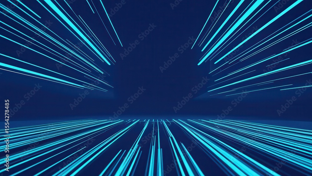 Poster abstract dark blue background with glowing light streaks creating a sense of speed and motion