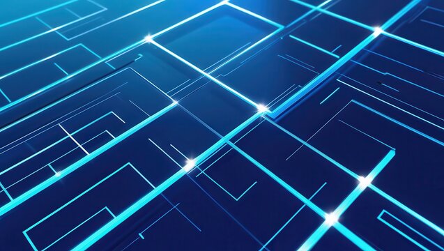 Abstract blue background with glowing lines and squares creating a futuristic network design