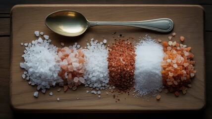 Variety of gourmet salts on wooden cutting board with spoon