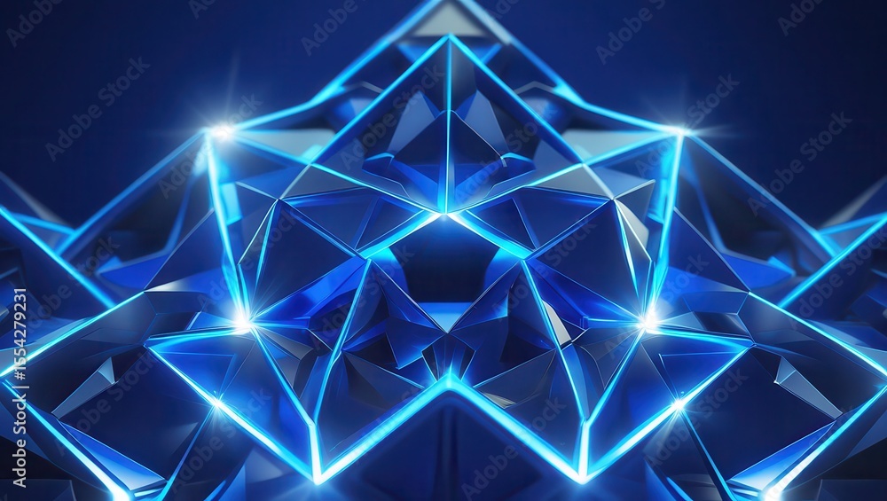 Poster abstract geometric structure with blue illuminated edges forming a pyramid shape design