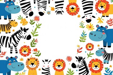 Fototapeta premium Cute Safari Animals Border with Lions, Zebras, and Hippos in Bright Colors, Surrounded by Playful Leaves and Flowers, Fun Jungle Frame for Kids Design and Invitations