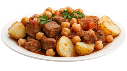 Hearty Stew with Tender Beef, Chickpeas, Potatoes, and Fresh Parsley Served on a White Plate