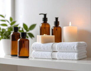 A clean and minimalist bathroom shelf scene featuring folded white towels and an amber glass skincare bottle.