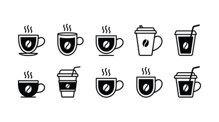 Coffee cup icon set, minimalist black and white line art of hot and iced coffee cups arranged in clean grid layout for cafe menu and app UI design.