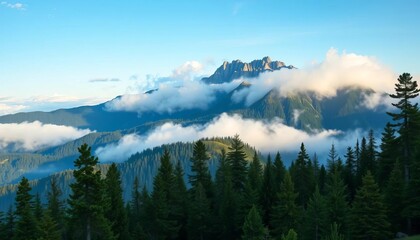 Misty mountain landscape, Almaty Chimbulak, summer, fir trees,  greenery,  tranquil