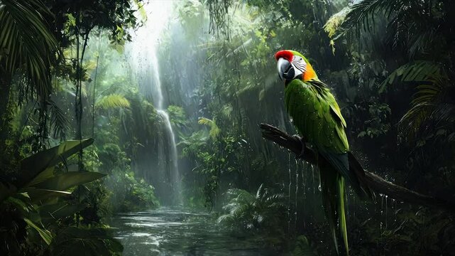 Vibrant parrot perched on branch near jungle waterfall