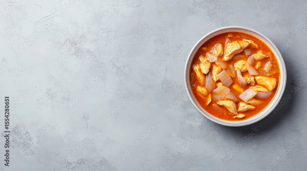 Poster top view of a bowl of chicken stew with onions in a red sauce on a gray background.