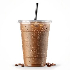 Iced coffee in plastic cup with straw and condensation and coffee beans on white surface in studio shot