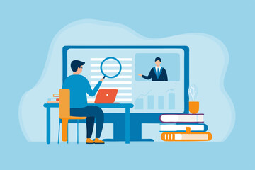 Man using magnifying glass to examine online presentation with charts and graphs