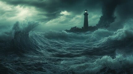 Fototapeta premium Lighthouse stands defiant against the tumultuous storm waves under dramatic skies