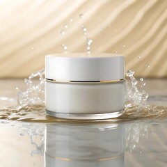 Close up of white cream jar with gold trim surrounded by splashing water against a beige background