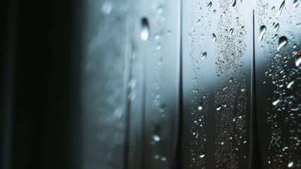 Close up of water droplets on a window with a blurred neutral tone background and a single drip line - Powered by Adobe