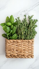 Naklejka premium Flat lay with woven basket, herbs, and sustainable packaging