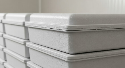 White plastic food containers stacked in a clean environment with condensation droplets on the smooth surfaces