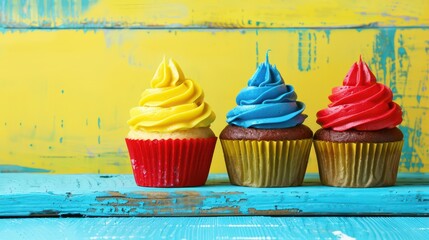Colorful cupcakes celebrating independence day of ecuador with national flag colors. Horizontal banner. Copy space. Cupcakes in colors of flag of Ecuador on a wooden background