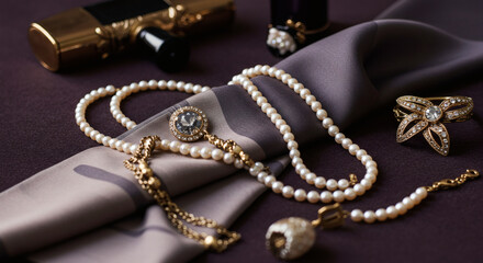 Fototapeta premium Elegant Pearl Necklace Gold Jewelry and Accessories on Silk Fabric