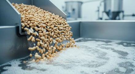 Fresh raw peanuts move down metal conveyor into bubbling water during food processing in automated factory industrial cleaning for quality nut production and safety standards