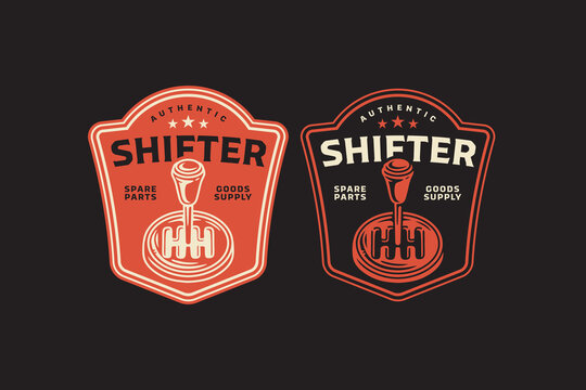 manual gear knob retro badge. classic gearshift emblem with bold outline. auto shifter vintage illustration patch logo for automotive, garage, racing merchandise and branding