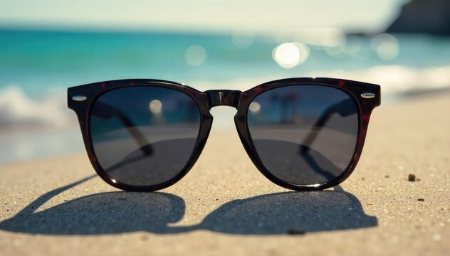 Stylish dark sunglasses reflecting sunlight, perfect for summer fashion, beach vibes, and outdoor adventures Great for travel, protection, and a cool look , vision, plastic