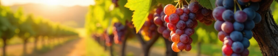 Sun-drenched bunches of grapes hanging heavy on the vine, ready for the harvest and transformation into delicious grapevine wine A picturesque scene of rural winemaking , sun, vineyard, fruit