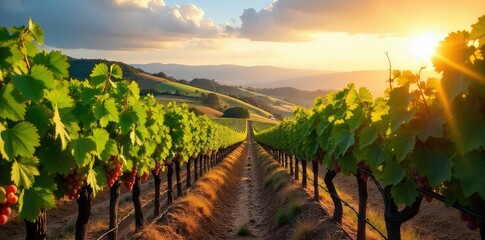 Fototapeta premium Sun-drenched vineyards rolling across the California hillsides, ripe grapes hanging heavy on the vines, ready for harvest A picturesque scene of California wine country , scenic, bright, pinot noir