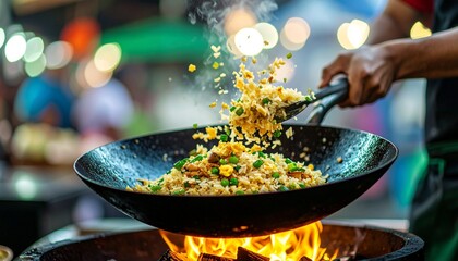 Wok-tossed fried rice captured in flight—motion, fire, and night market energy in one bold shot.