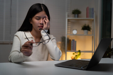 Eye problems, Asian women with tired and irritated eyes, eye rubbing, dry, eye pain after work,...
