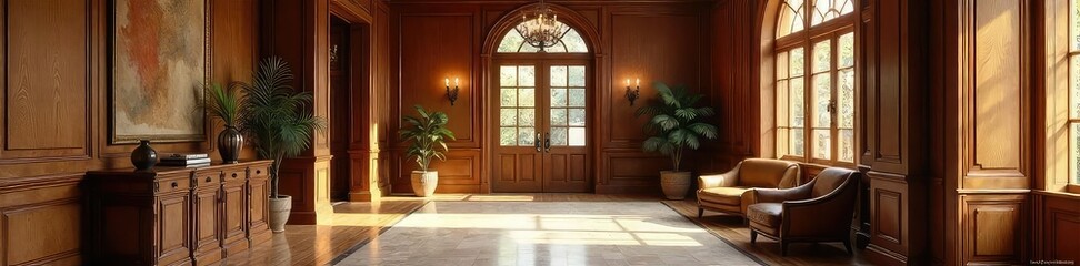 Warm, inviting foyer with rich wood paneling and natural light streaming through a nearby window Elegant architectural details enhance the space's sophisticated atmosphere , natural light, window