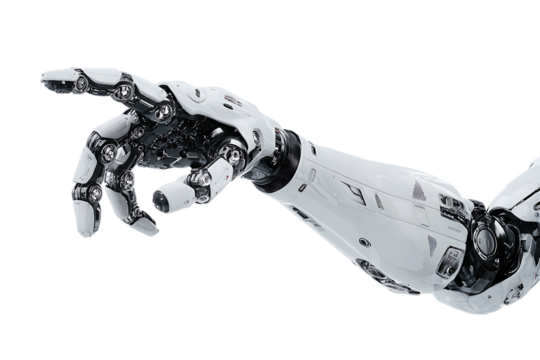 Close up of a robotic arm pointing.