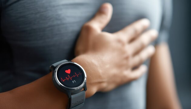 Person Experiencing Chest Pain While Monitoring Heart Rate with Smartwatch Technology