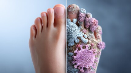 Comparative illustration of healthy foot versus a foot infected with a fungal disease