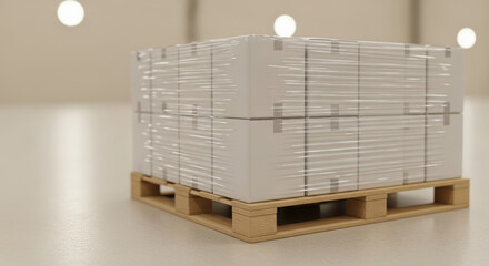 Sturdy wooden pallet loaded with shrink wrapped cardboard boxes in spacious modern warehouse ready for shipping, emphasizing logistics and efficient distribution process