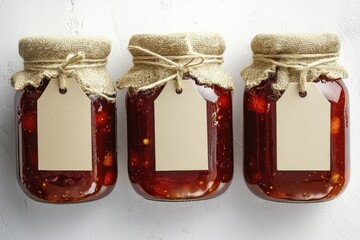 Rustic homemade jam jars with blank labels on white rustic background