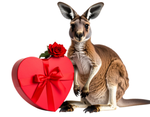 Valentine’s Day Scene with Kangaroo Sitting Beside a Wrapped Rose Gift Box, Front View, isolated on transparent background