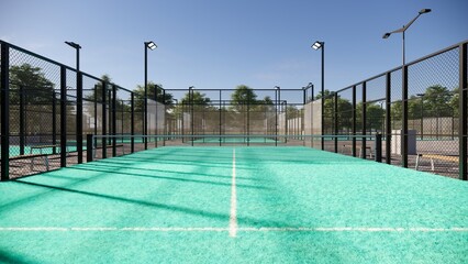 visualization in empty padel with turquoise color, black metal structure, glass walls and floodlight