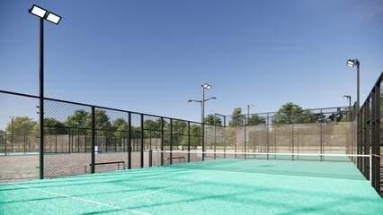 visualization of an empty padel with turquoise color and bench on the side