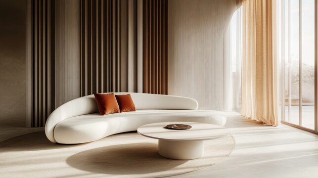 Contemporary living room interior design featuring a curved sectional sofa. - Powered by Adobe