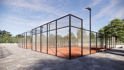 Corner view Padel courts with Terracotta flooring and glass walls. Closeup Sports concept