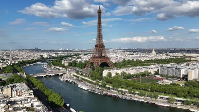 Paris Skyline At Paris In France Island France. Highrise Eiffel Tower. Downtown Cityscape. Paris Skyline At Paris In France Island France. Seine River Skyline. Metropolitan Region Aerial View.
