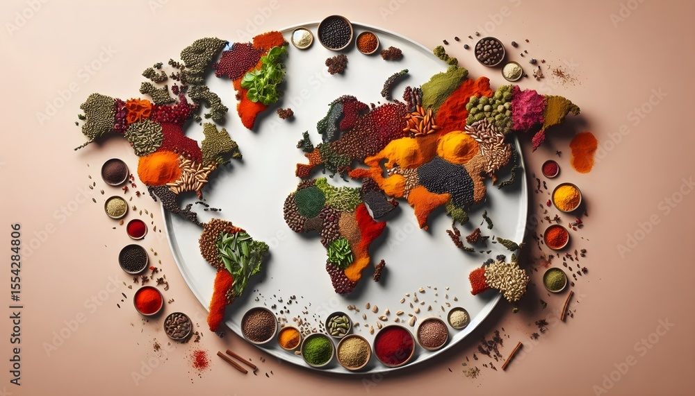 Poster elegant food styling of global map formed from spices and herbs placed on beige surface for culinary