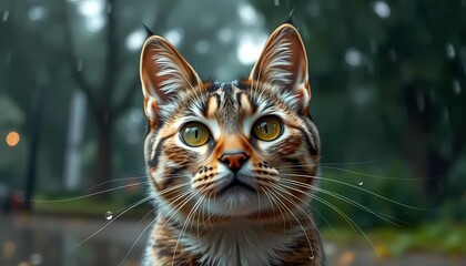 Stray Cat Stares Intensely on blur rainy garden background
