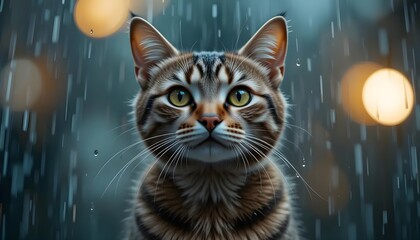 Stray Cat Stares Intensely on blur rainy garden background