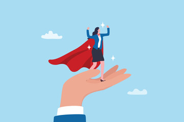 Woman empowerment, encouragement or support to help achieve work success, confidence or strength motivation, femininity or lady power, business hand support to empower businesswoman strength.