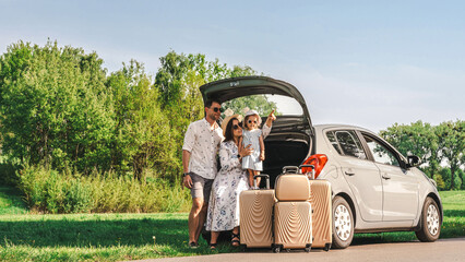 Car trip. Family vacation road adventure. People grass luggage travel.